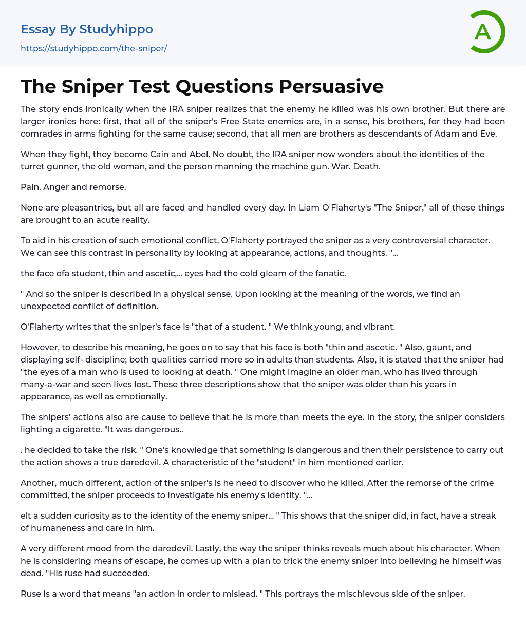 The Sniper Test Questions Persuasive Essay Example
