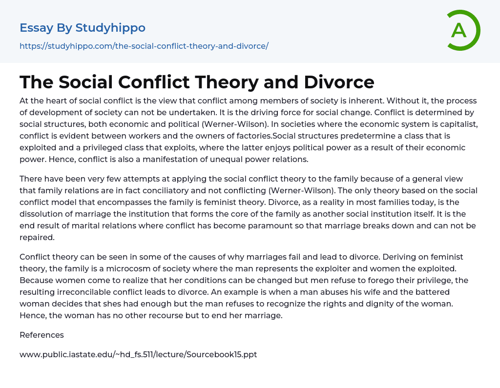 The Social Conflict Theory and Divorce Essay Example