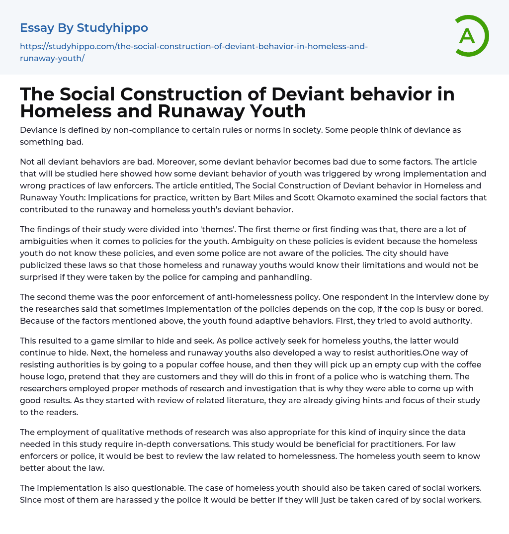 The Social Construction of Deviant behavior in Homeless and Runaway Youth Essay Example