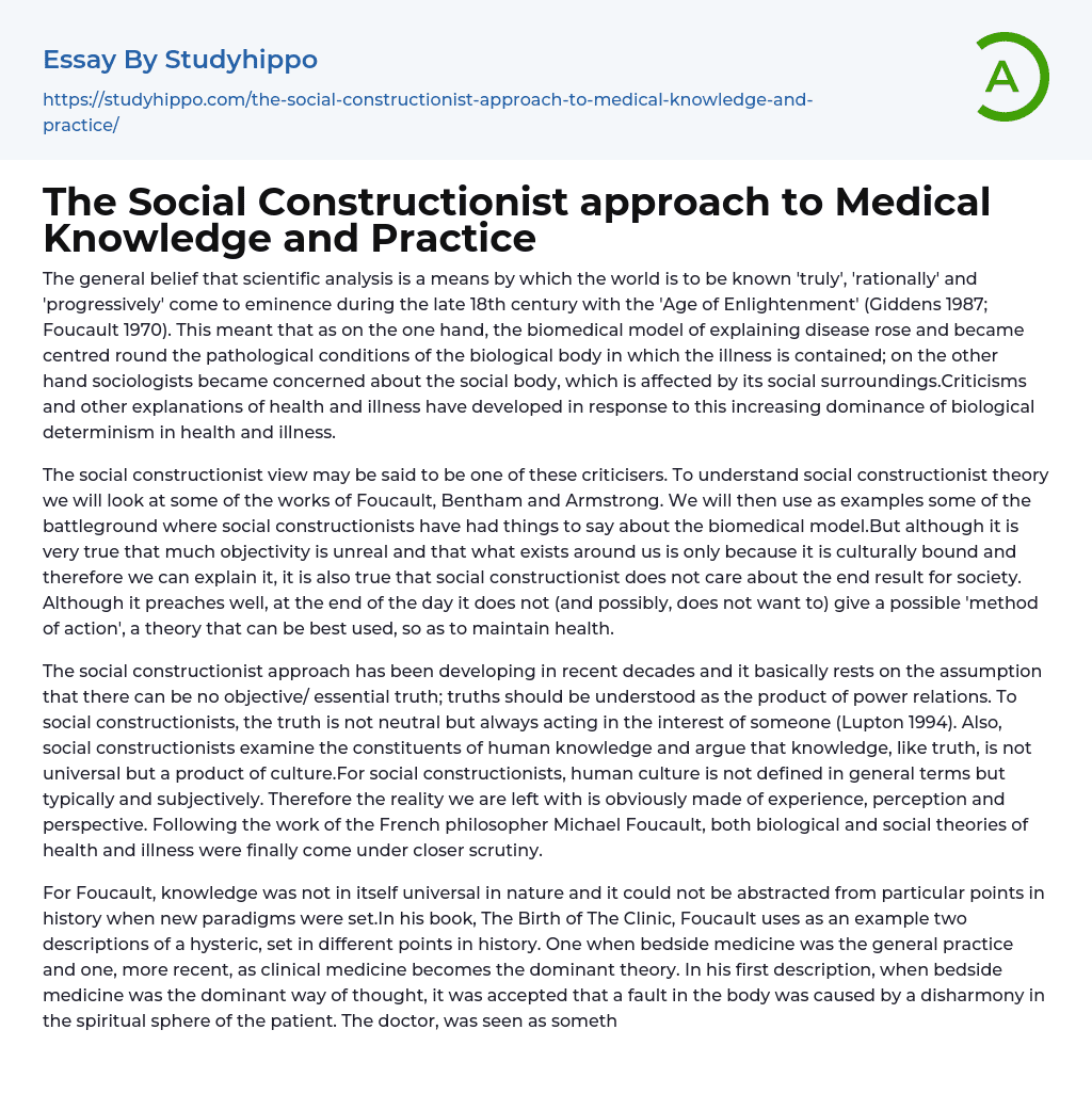 The Social Constructionist approach to Medical Knowledge and Practice Essay Example