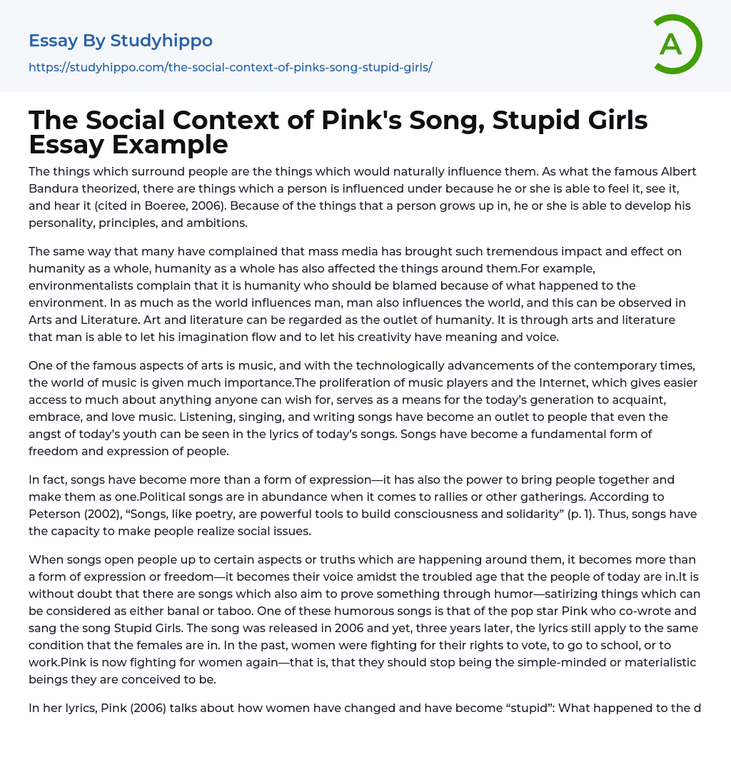 The Social Context of Pink’s Song, Stupid Girls Essay Example