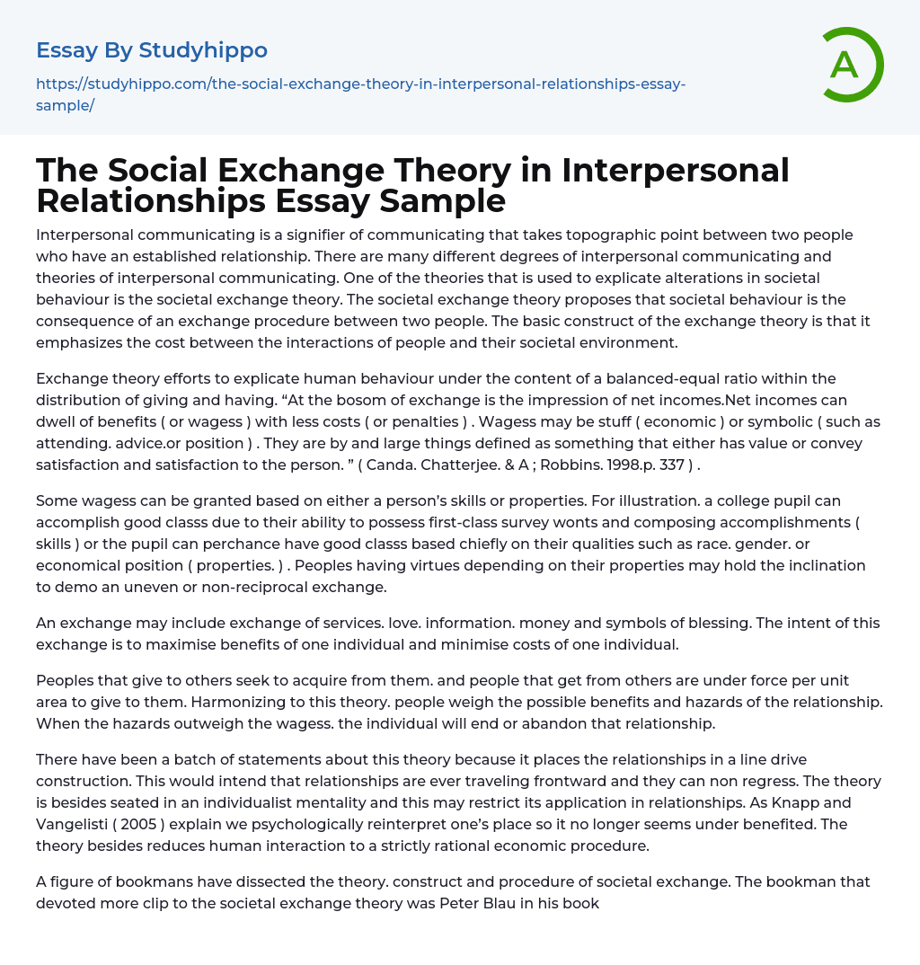The Social Exchange Theory in Interpersonal Relationships Essay Sample