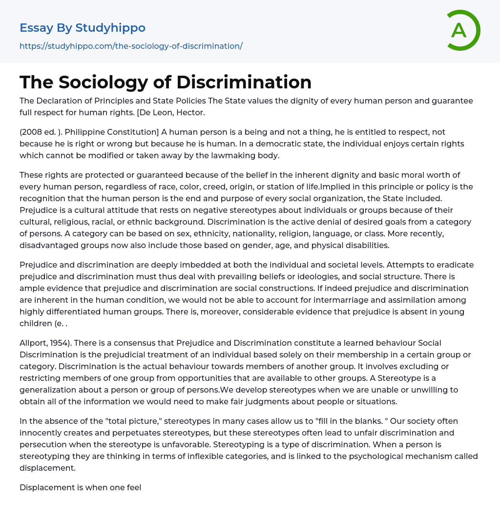 The Sociology of Discrimination Essay Example