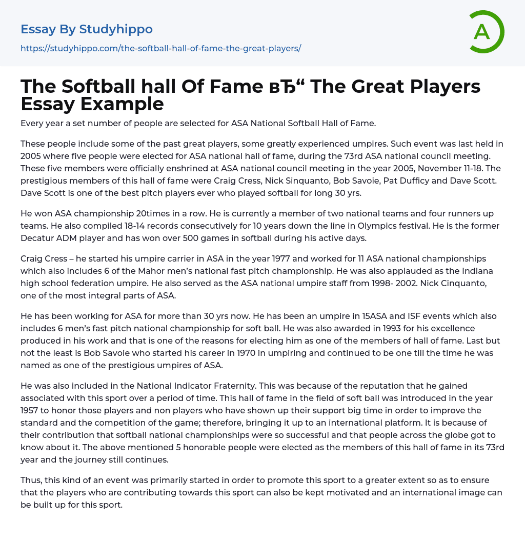 The Softball hall Of Fame The Great Players Essay Example