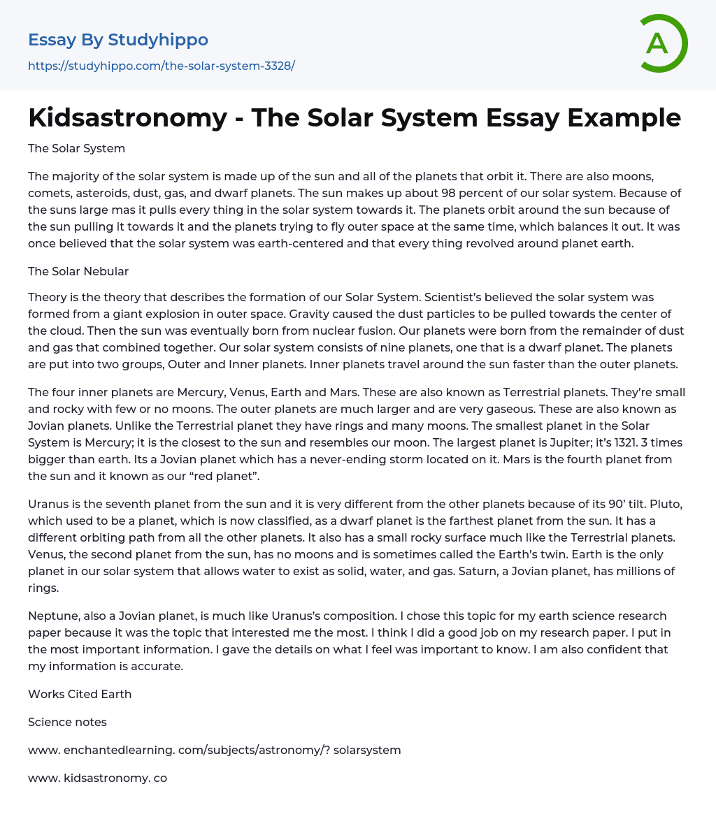 Kidsastronomy – The Solar System Essay Example