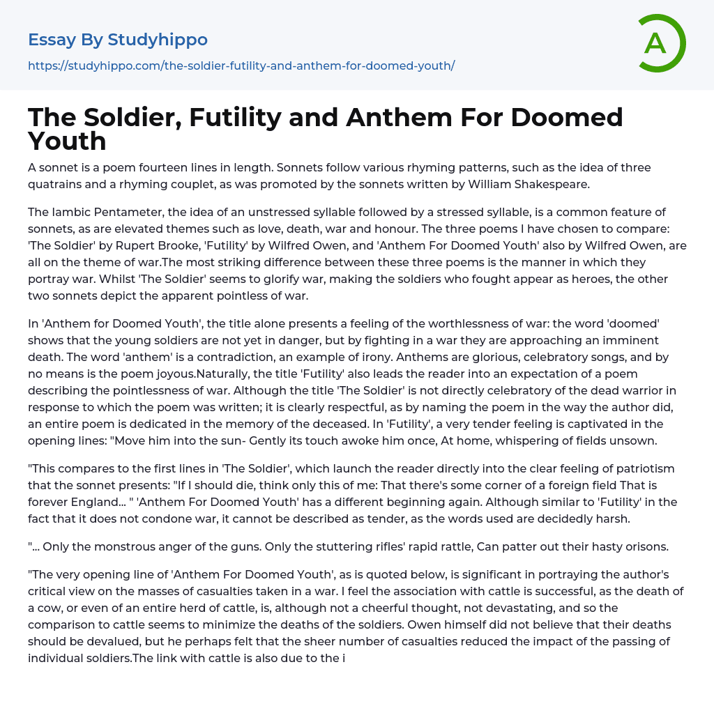 The Soldier, Futility and Anthem For Doomed Youth Essay Example