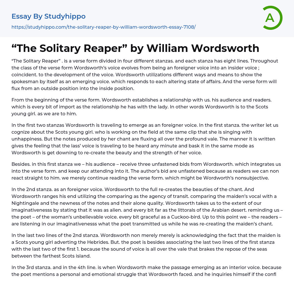 “The Solitary Reaper” by William Wordsworth Essay Example