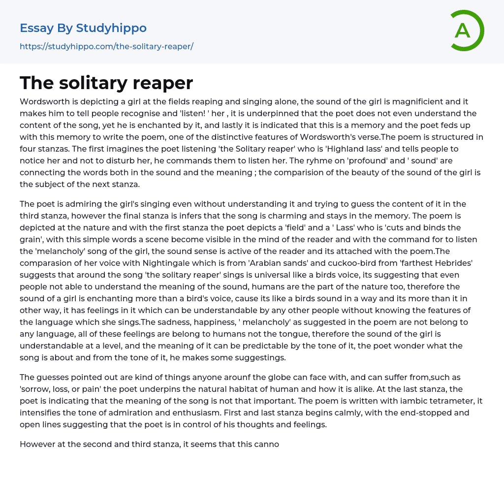The solitary reaper Essay Example