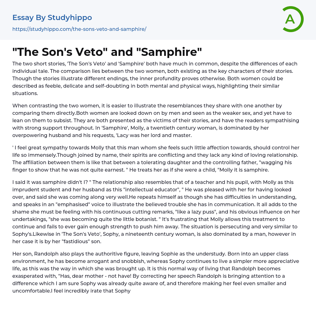 “The Son’s Veto” and “Samphire” Essay Example