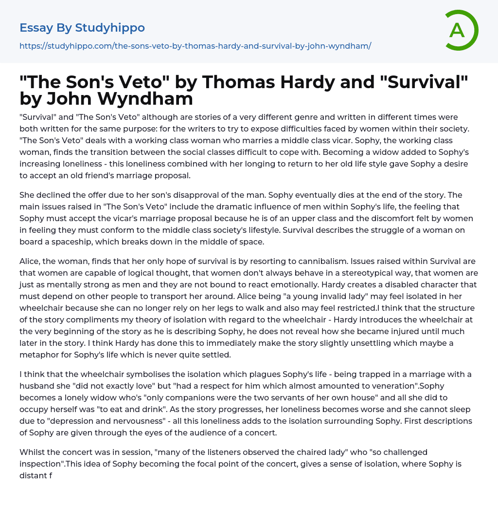 “The Son’s Veto” by Thomas Hardy and “Survival” by John Wyndham Essay Example