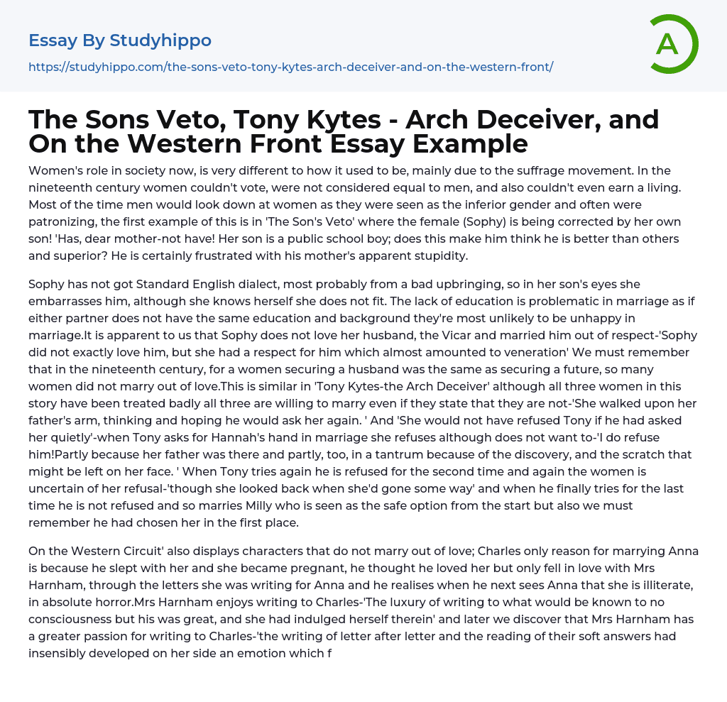 The Sons Veto, Tony Kytes – Arch Deceiver, and On the Western Front Essay Example
