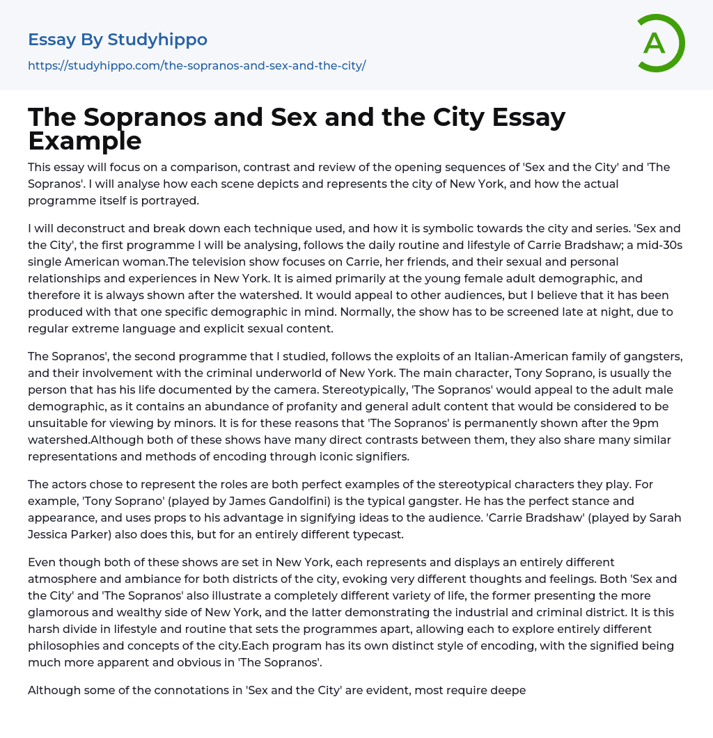 The Sopranos and Sex and the City Essay Example
