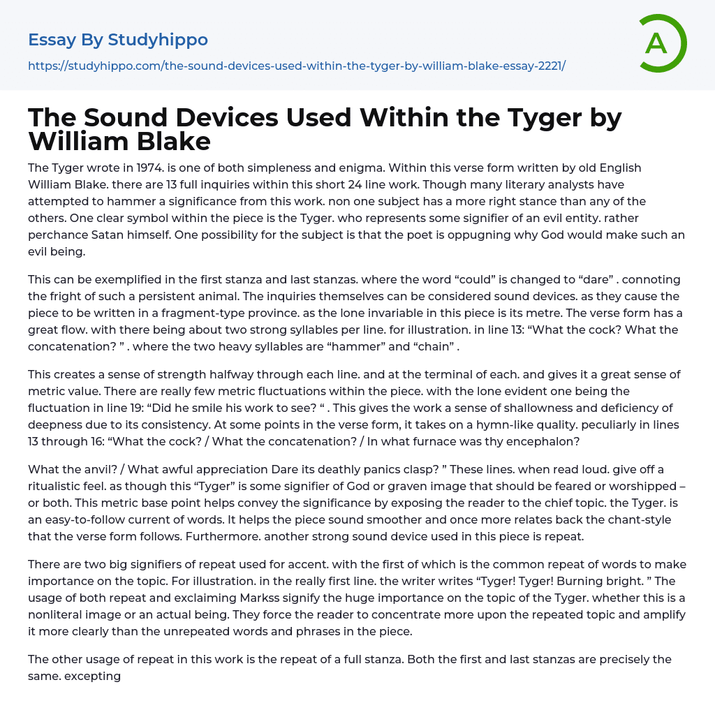 The Sound Devices Used Within the Tyger by William Blake Essay Example