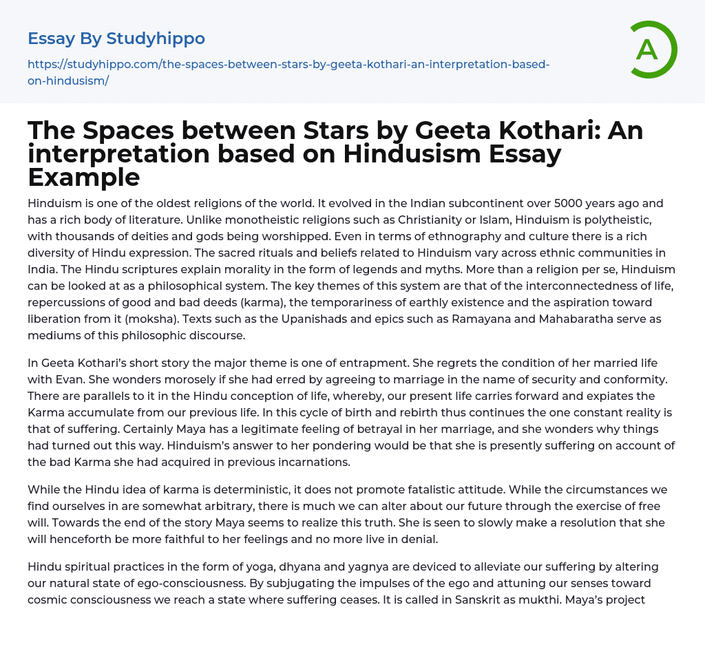 The Spaces between Stars by Geeta Kothari: An interpretation based on Hindusism Essay Example