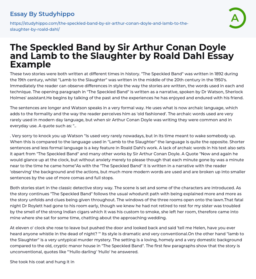 The Speckled Band by Sir Arthur Conan Doyle and Lamb to the Slaughter by Roald Dahl Essay Example
