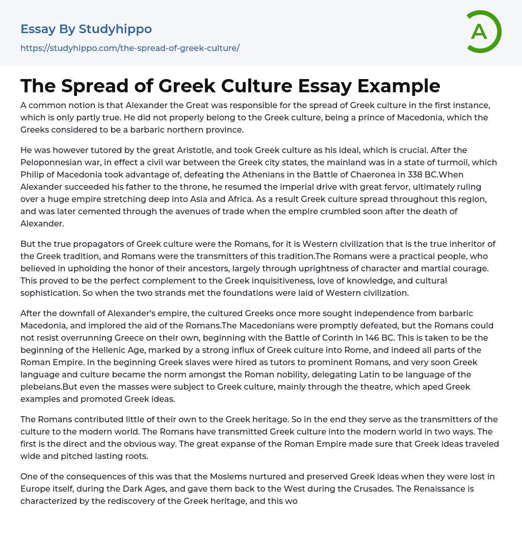 The Spread of Greek Culture Essay Example