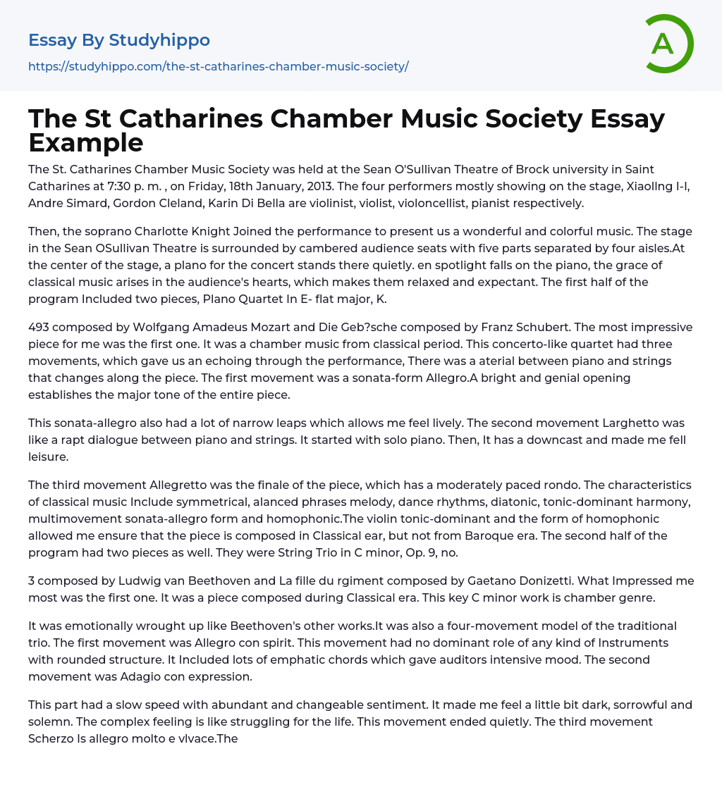 The St Catharines Chamber Music Society Essay Example