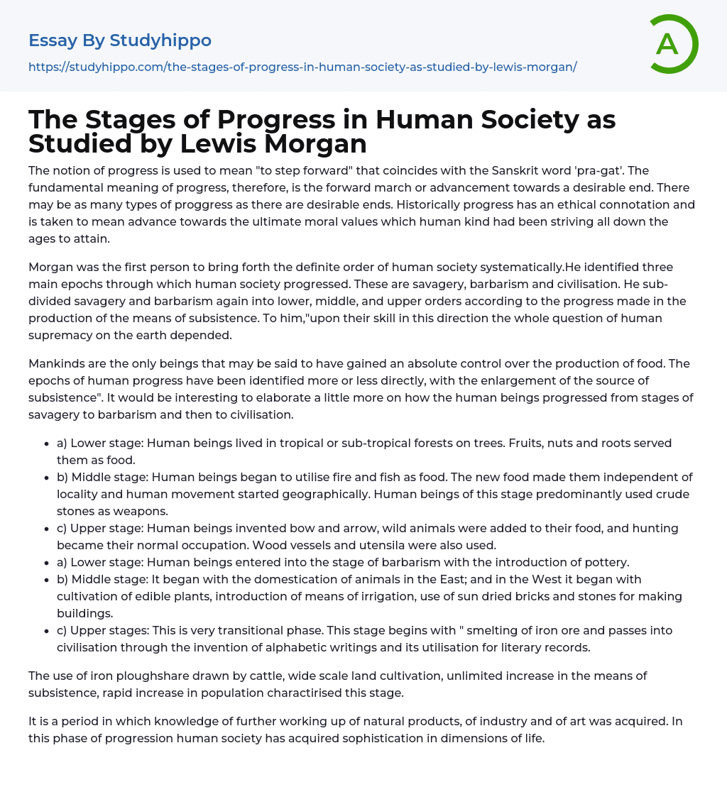 The Stages of Progress in Human Society as Studied by Lewis Morgan Essay Example