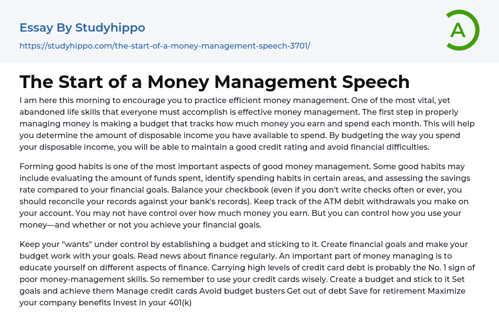 The Start of a Money Management Speech Essay Example