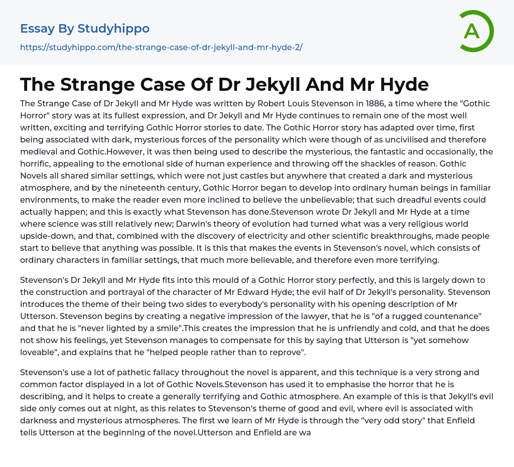 The Strange Case Of Dr Jekyll And Mr Hyde Essay Example