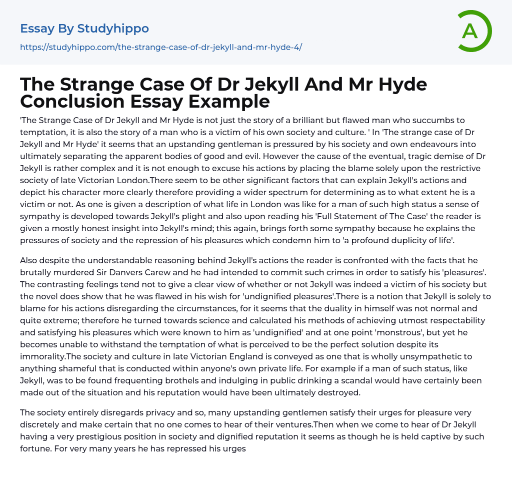The Strange Case Of Dr Jekyll And Mr Hyde Conclusion Essay Example