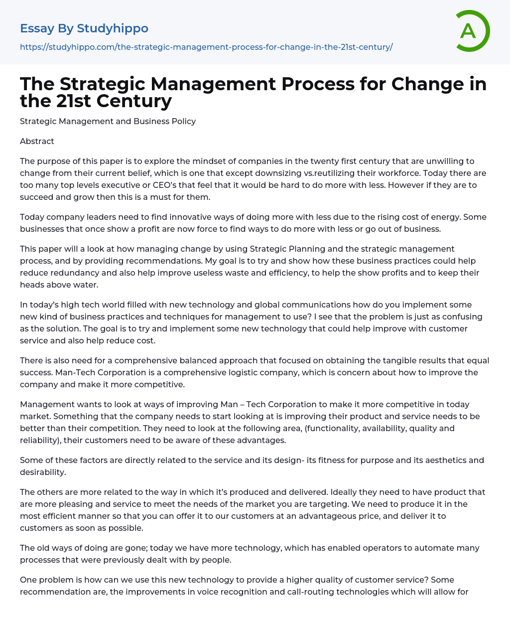 The Strategic Management Process for Change in the 21st Century Essay Example