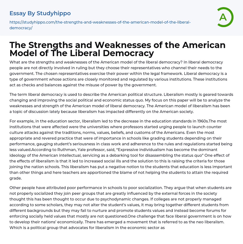 The Strengths and Weaknesses of the American Model of The Liberal Democracy Essay Example