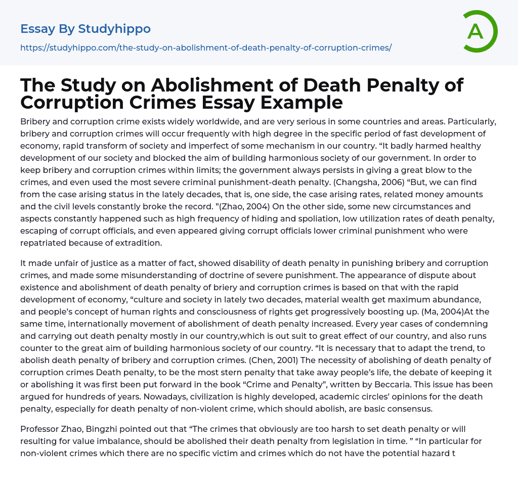 The Study on Abolishment of Death Penalty of Corruption Crimes Essay Example
