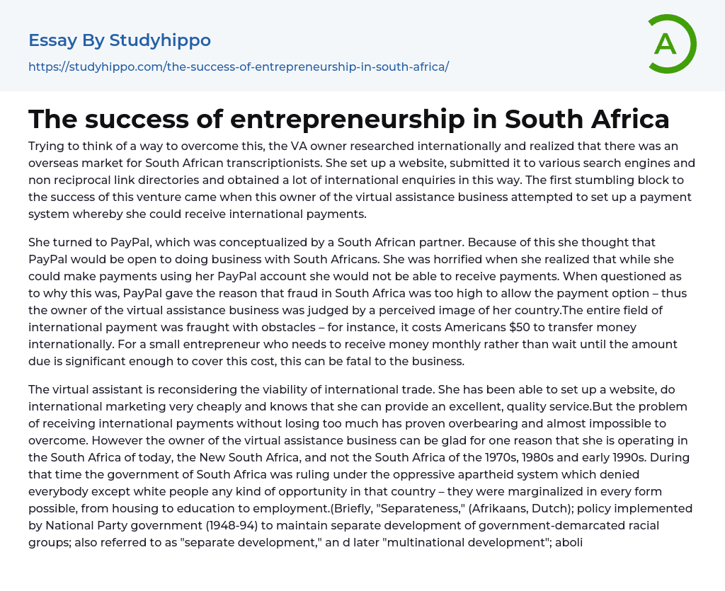 The success of entrepreneurship in South Africa Essay Example