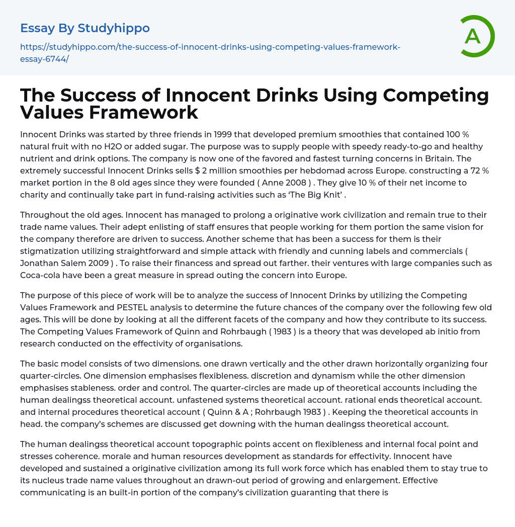 The Success of Innocent Drinks Using Competing Values Framework Essay Example
