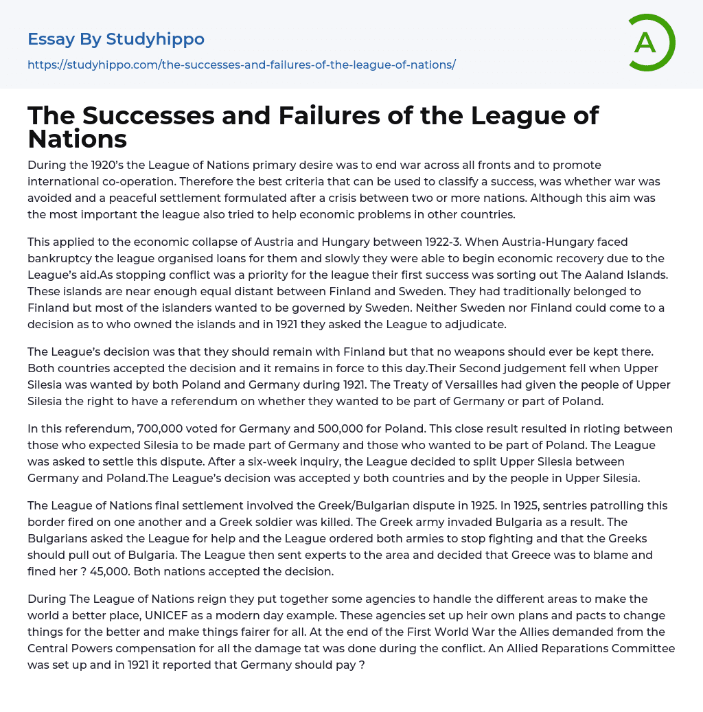 The Successes and Failures of the League of Nations Essay Example