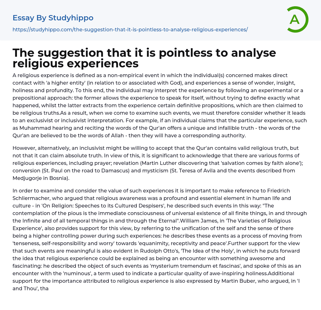 The suggestion that it is pointless to analyse religious experiences Essay Example