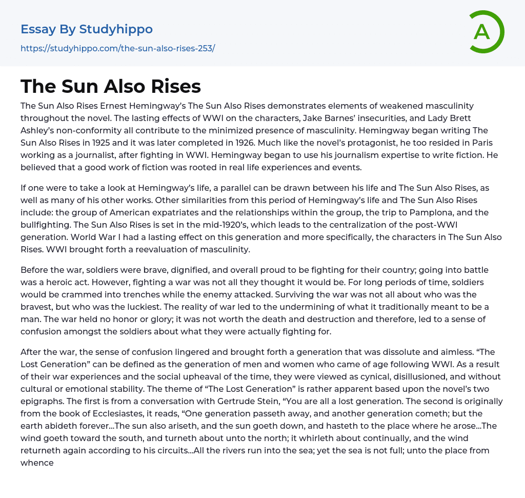 The Sun Also Rises Essay Example