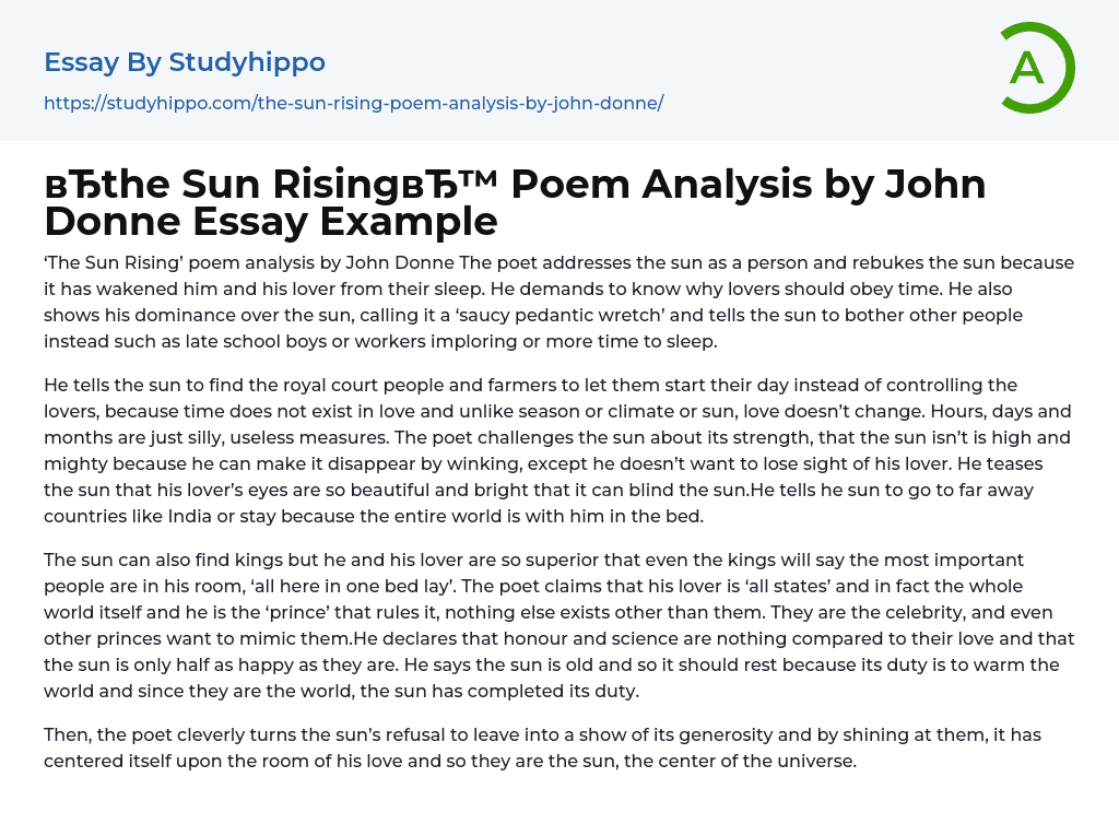 “the Sun Rising Poem Analysis by John Donne Essay Example