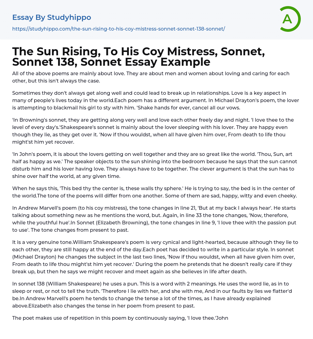 The Sun Rising, To His Coy Mistress, Sonnet, Sonnet 138, Sonnet Essay Example
