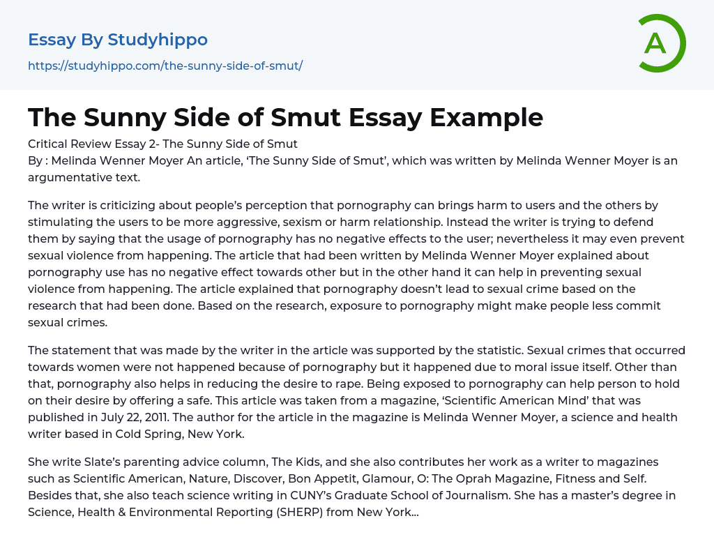 “The Sunny Side of Smut” By Melinda Wenner Moyer Essay Example