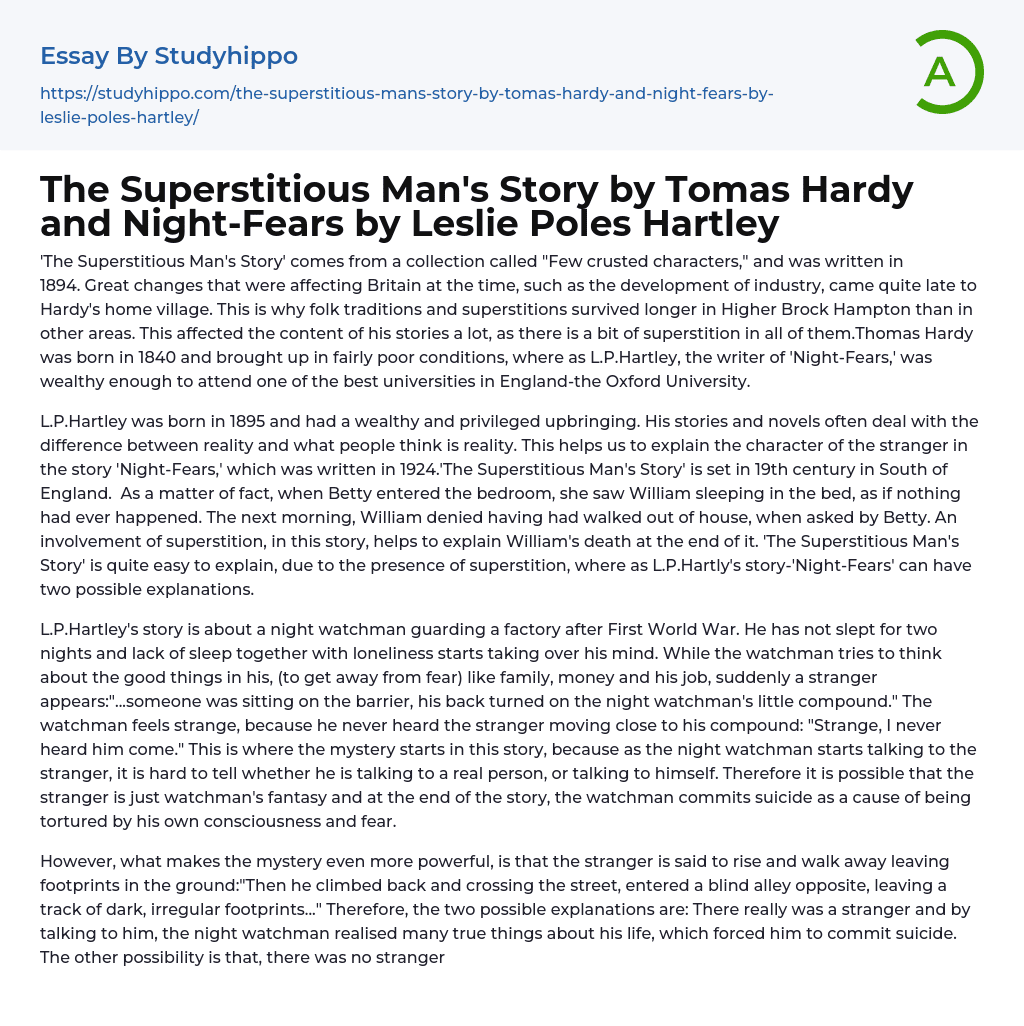The Superstitious Man’s Story by Tomas Hardy and Night-Fears by Leslie Poles Hartley Essay Example