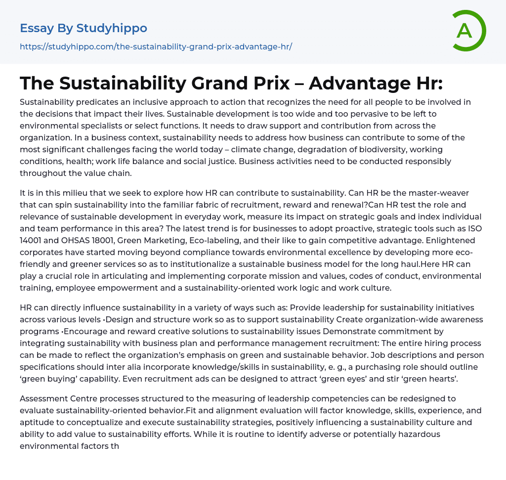 The Sustainability Grand Prix – Advantage Hr: Essay Example