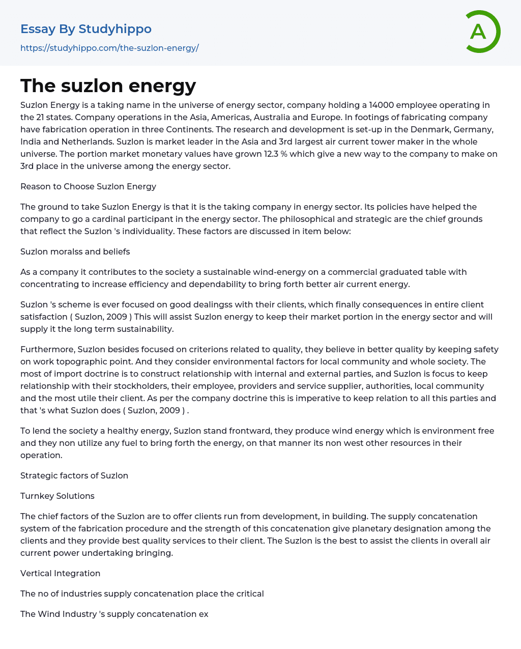 The suzlon energy Essay Example