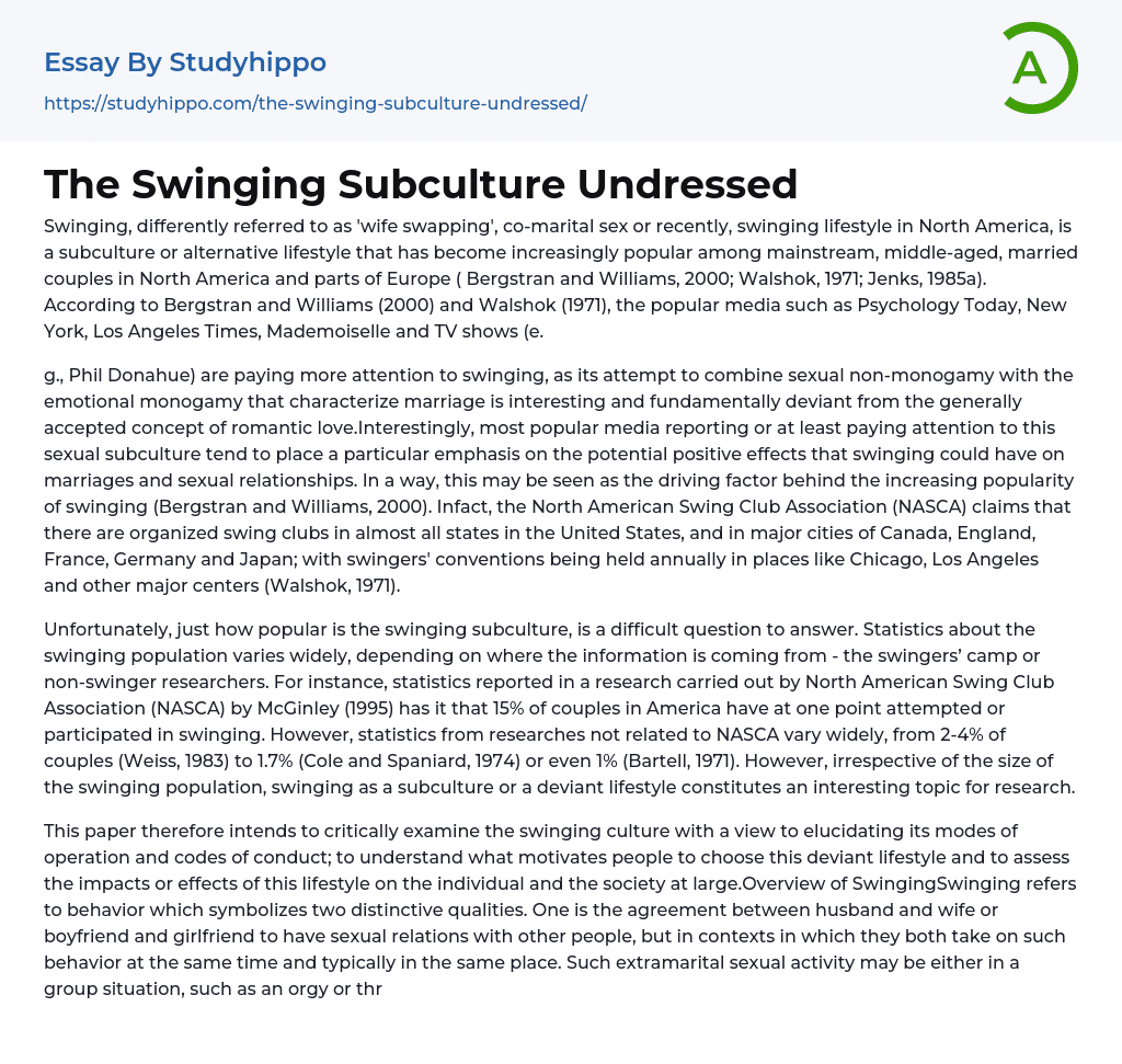 The Swinging Subculture Undressed Essay Example
