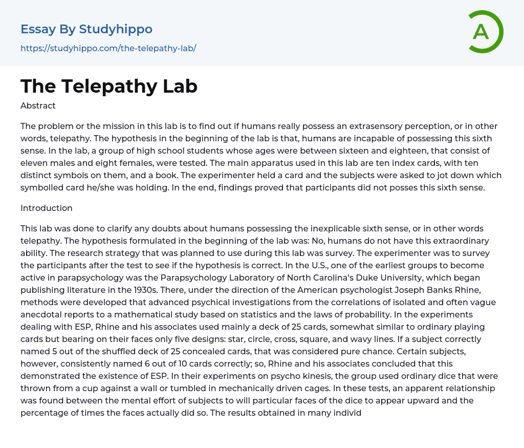 The Telepathy Lab Essay Example