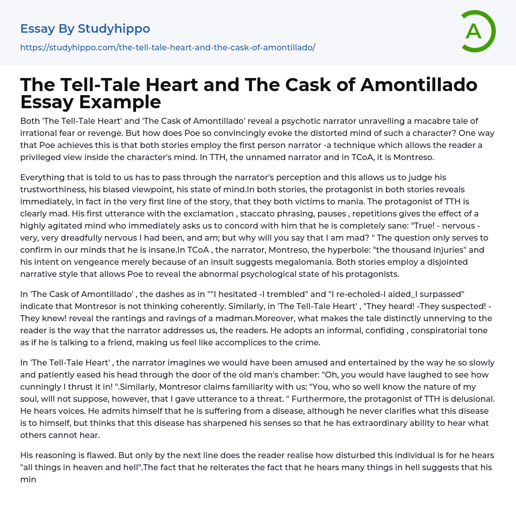 The Tell-Tale Heart and The Cask of Amontillado Essay Example