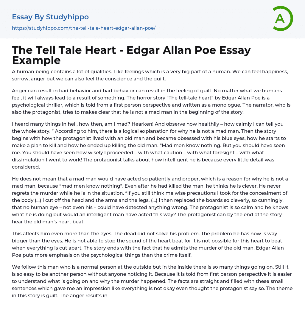 The Tell Tale Heart – Edgar Allan Poe Essay Example