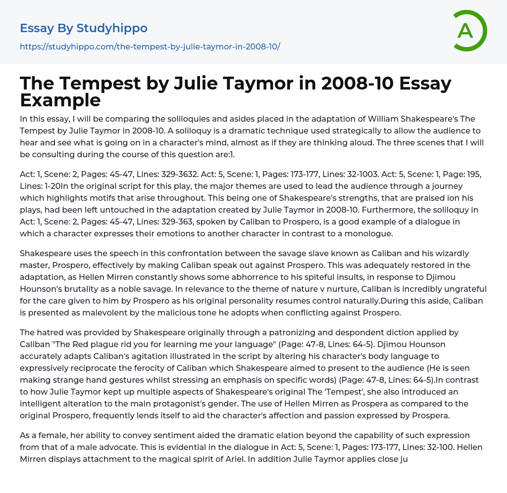 The Tempest by Julie Taymor in 2008-10 Essay Example