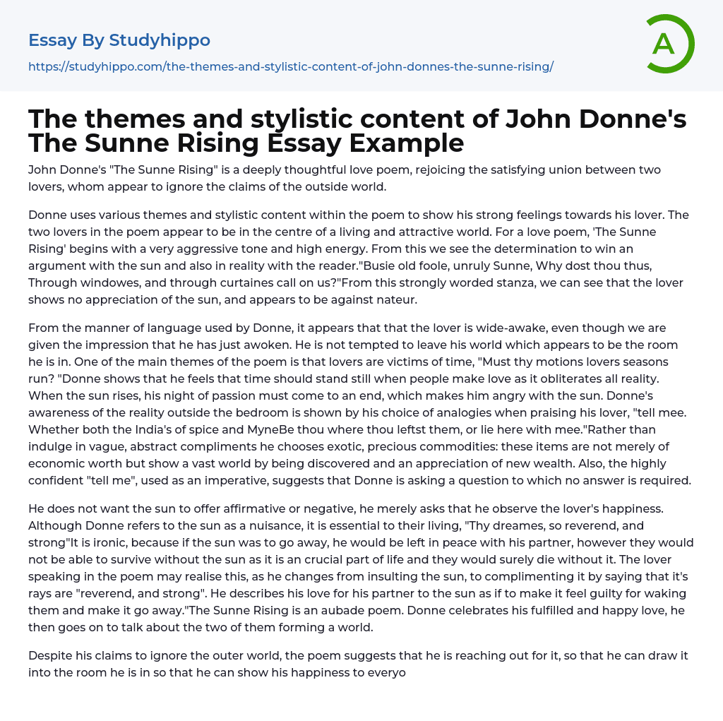 The themes and stylistic content of John Donne’s The Sunne Rising Essay Example