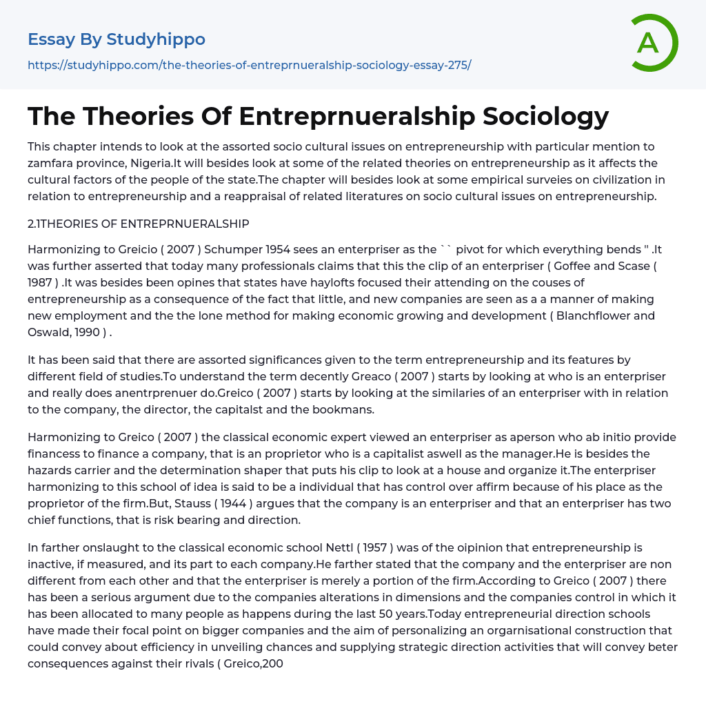 The Theories Of Entreprnueralship Sociology Essay Example