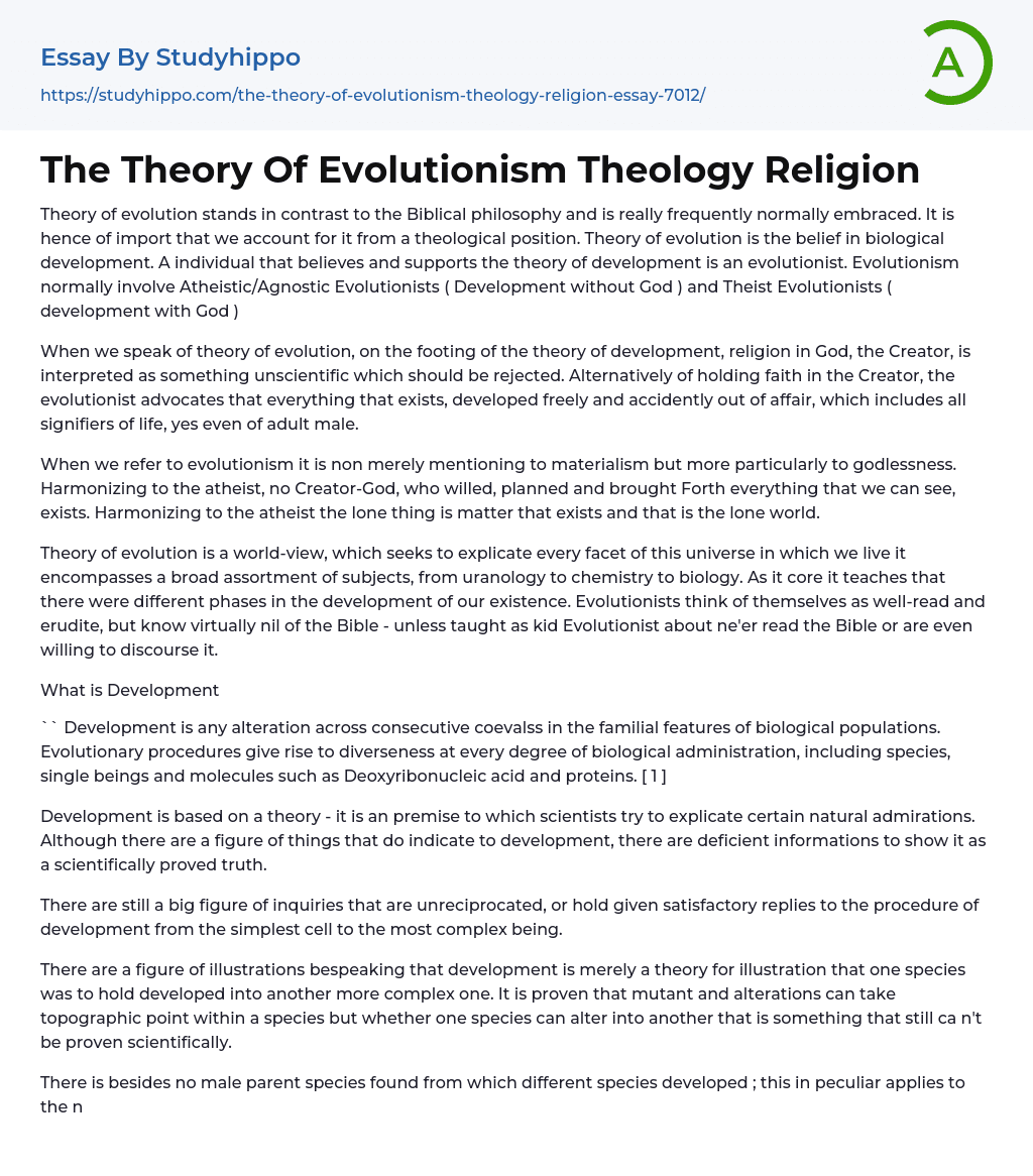 The Theory Of Evolutionism Theology Religion Essay Example