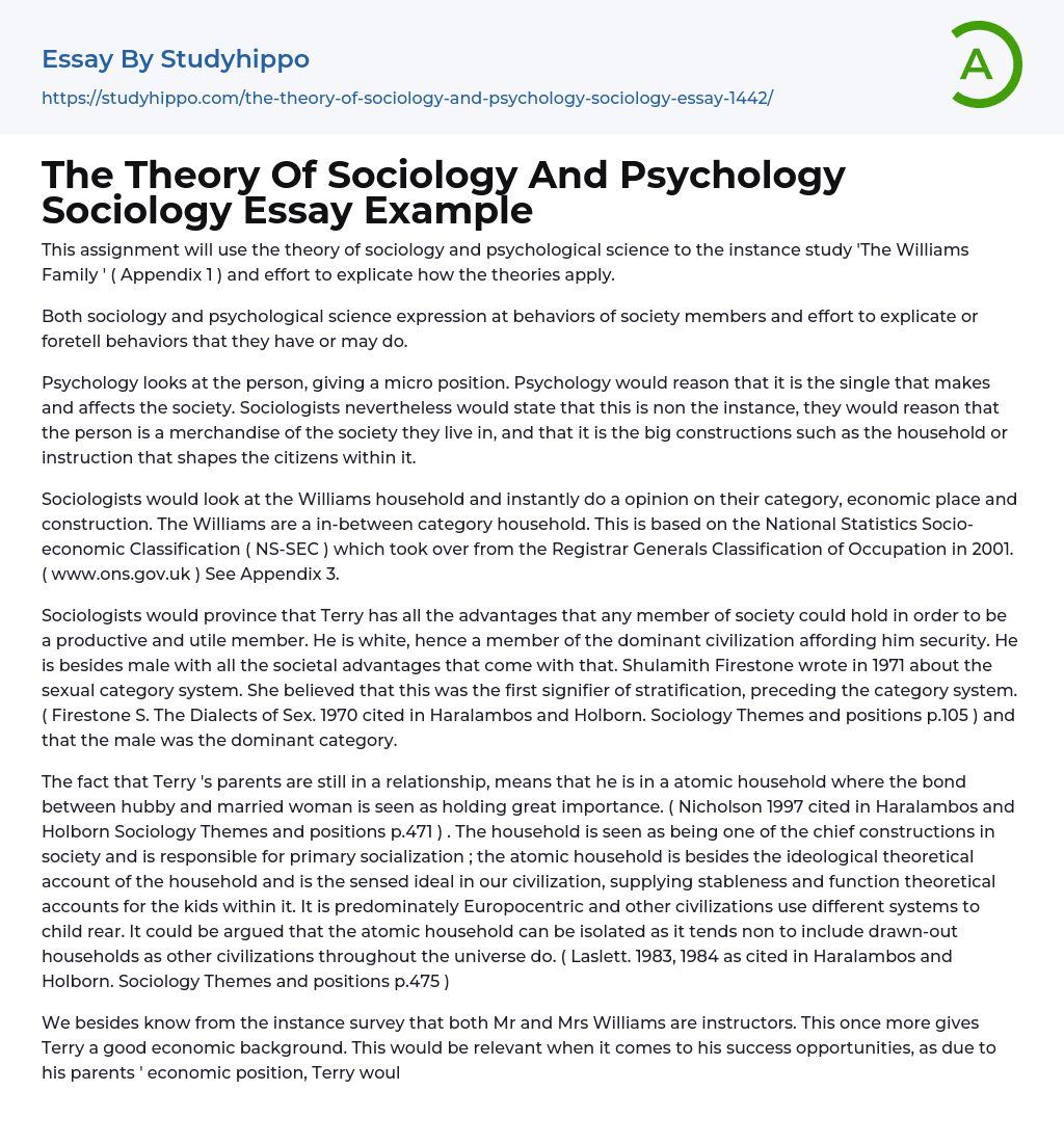 The Theory Of Sociology And Psychology Sociology Essay Example