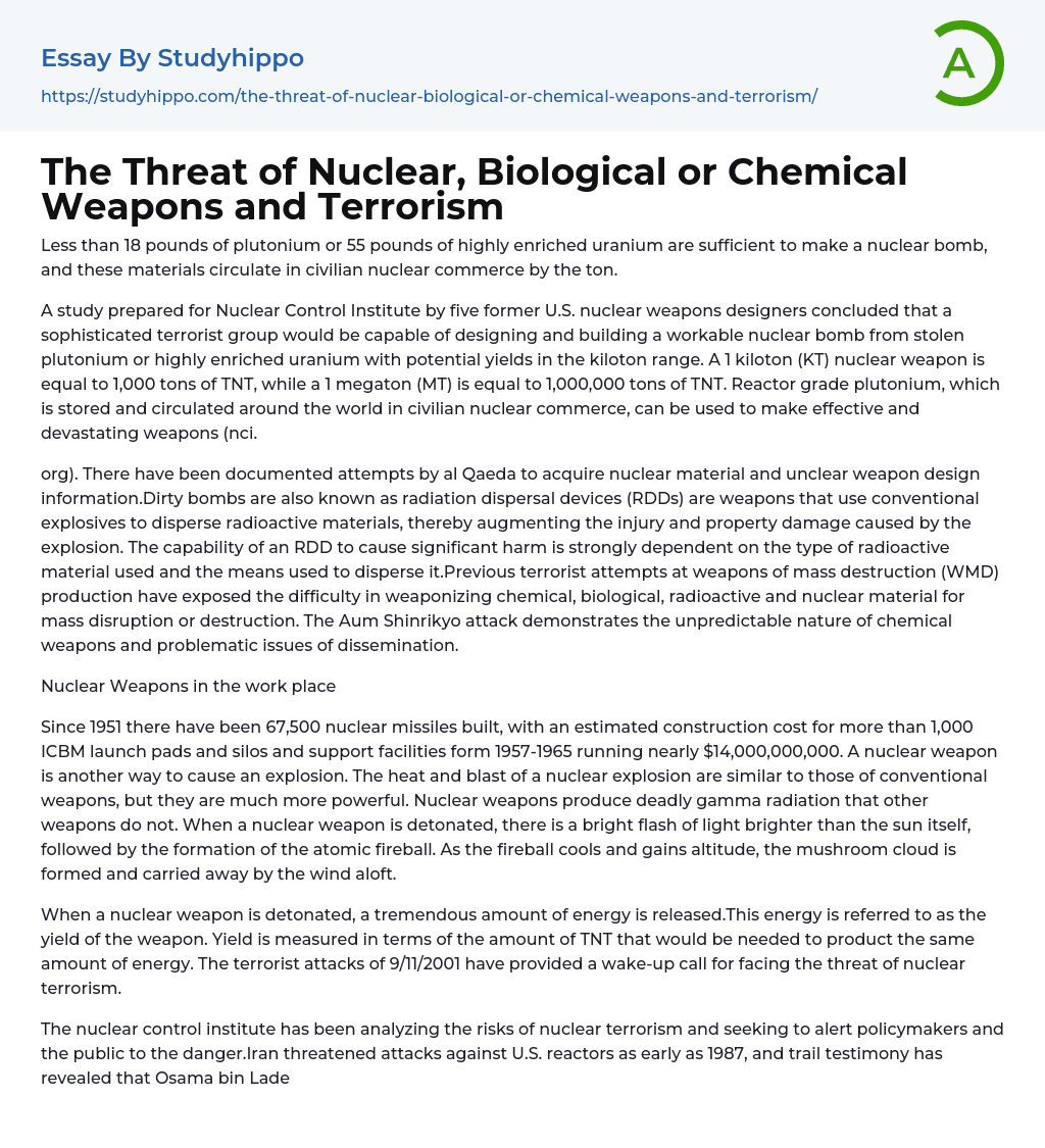 The Threat of Nuclear, Biological or Chemical Weapons and Terrorism Essay Example
