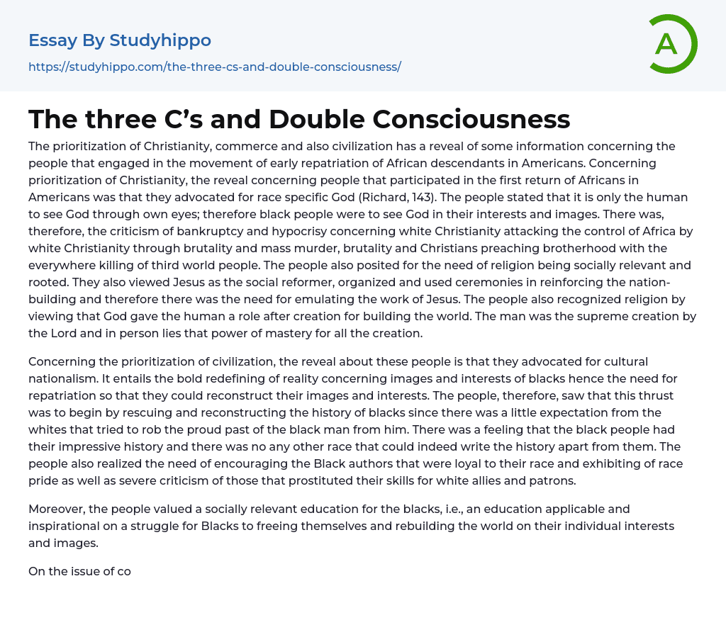 The three C’s and Double Consciousness Essay Example